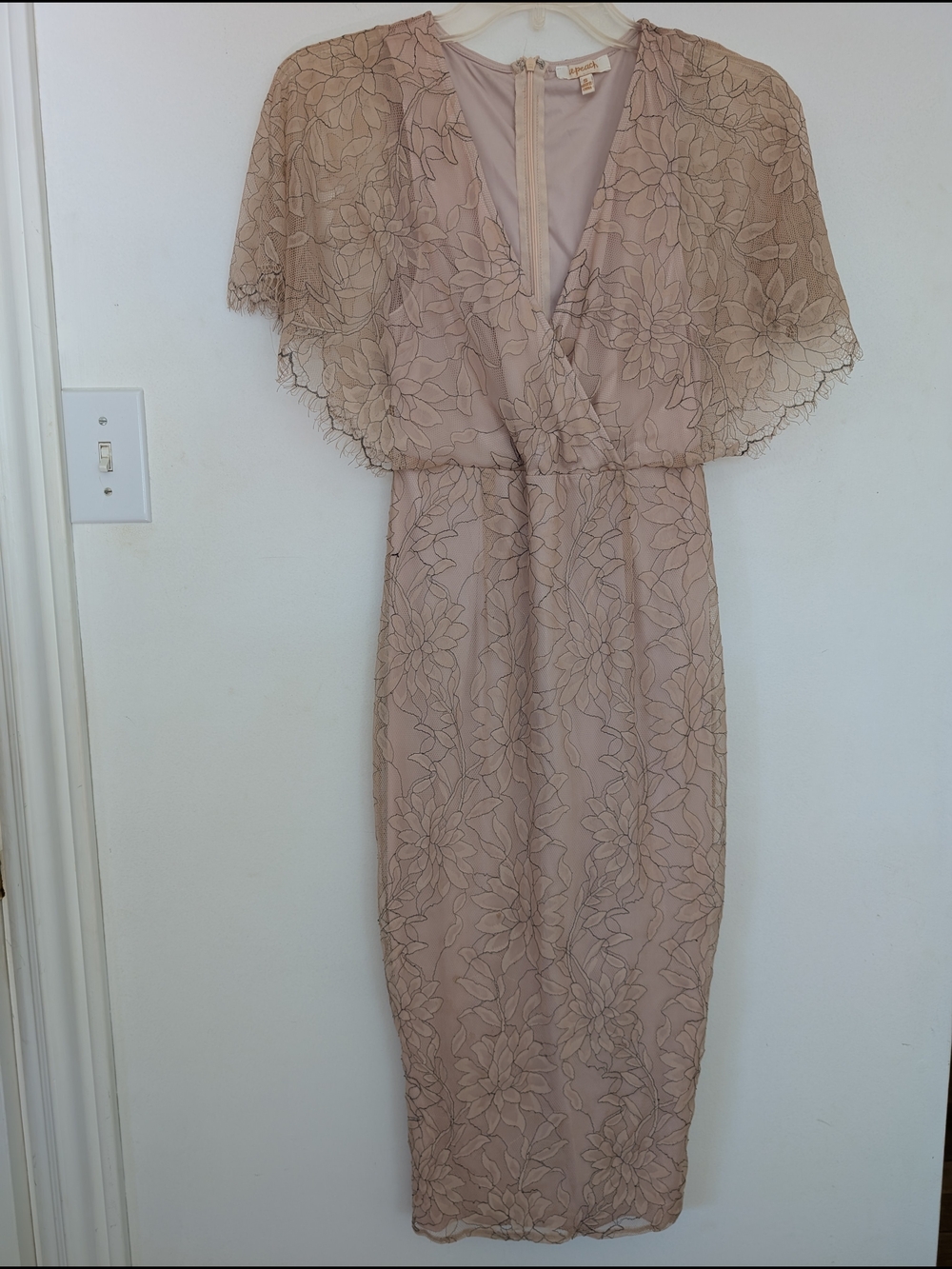 A.Peach Blush Floral Lace Wrap Midi Dress